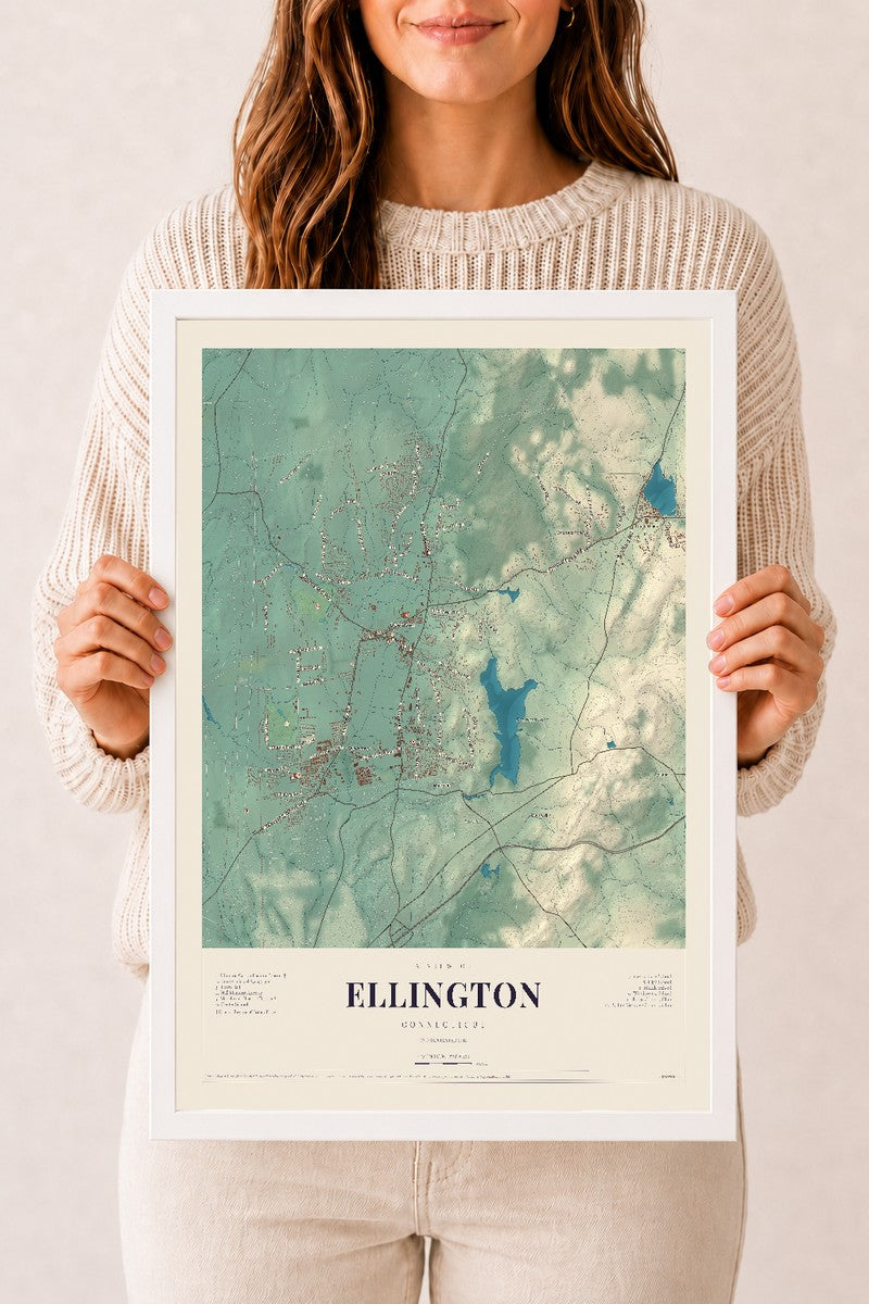 Ellington, Connecticut map print, 12" x 18", W/ White Ayous Wood Frame