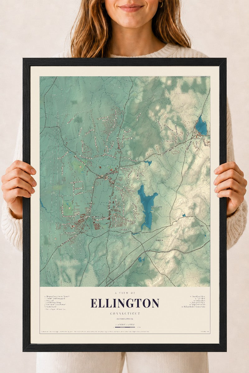 Ellington, Connecticut map print, 18" x 24", W/ Black Ayous Wood Frame