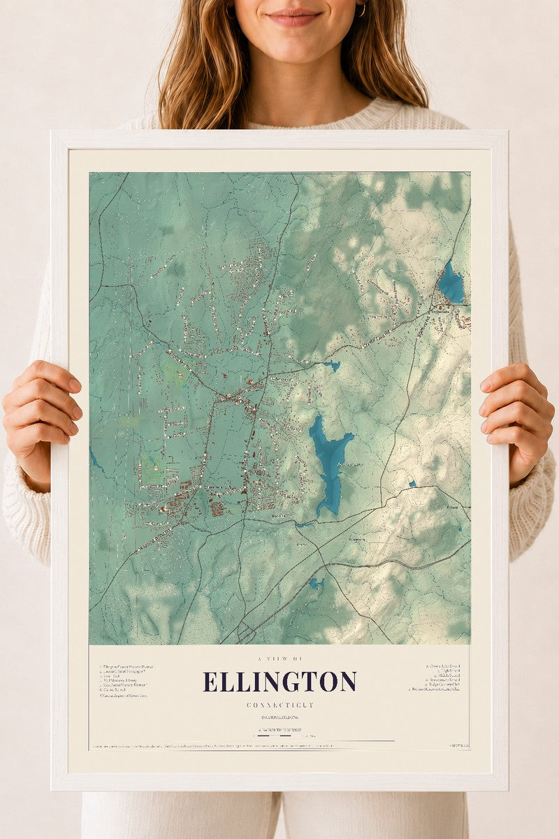 Ellington, Connecticut map print, 18" x 24", W/ White Ayous Wood Frame
