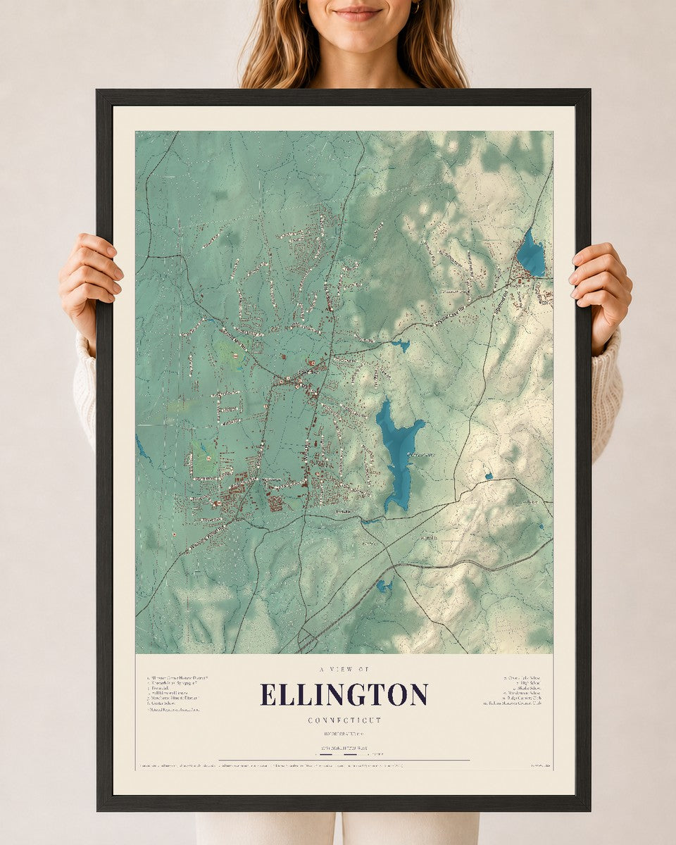 Ellington, Connecticut map print, 24" x 36", W/ Black Ayous Wood Frame