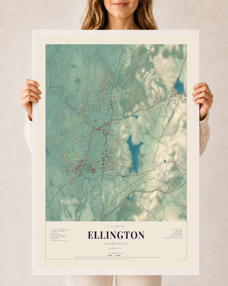 Ellington, Connecticut map print, 24" x 36", W/ White Ayous Wood Frame