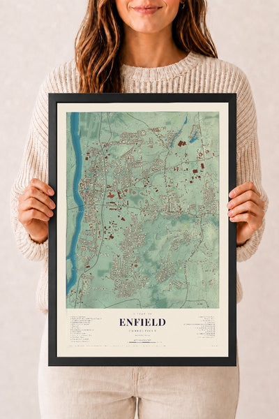 Enfield, Connecticut map print, 12" x 18", W/ Black Ayous Wood Frame