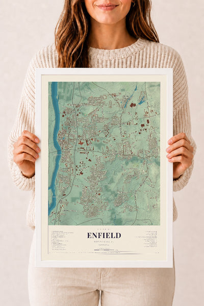 Enfield, Connecticut map print, 12" x 18", W/ White Ayous Wood Frame