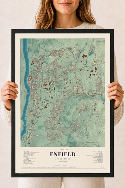 Enfield, Connecticut map print, 18" x 24", W/ Black Ayous Wood Frame