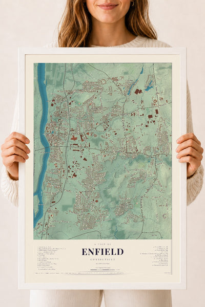 Enfield, Connecticut map print, 18" x 24", W/ White Ayous Wood Frame