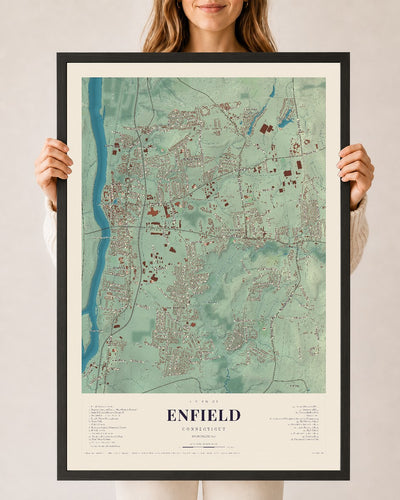 Enfield, Connecticut map print, 24" x 36", W/ Black Ayous Wood Frame
