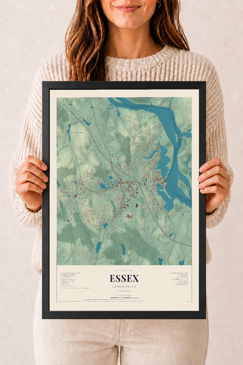 Essex, Connecticut map print, 12" x 18", W/ Black Ayous Wood Frame