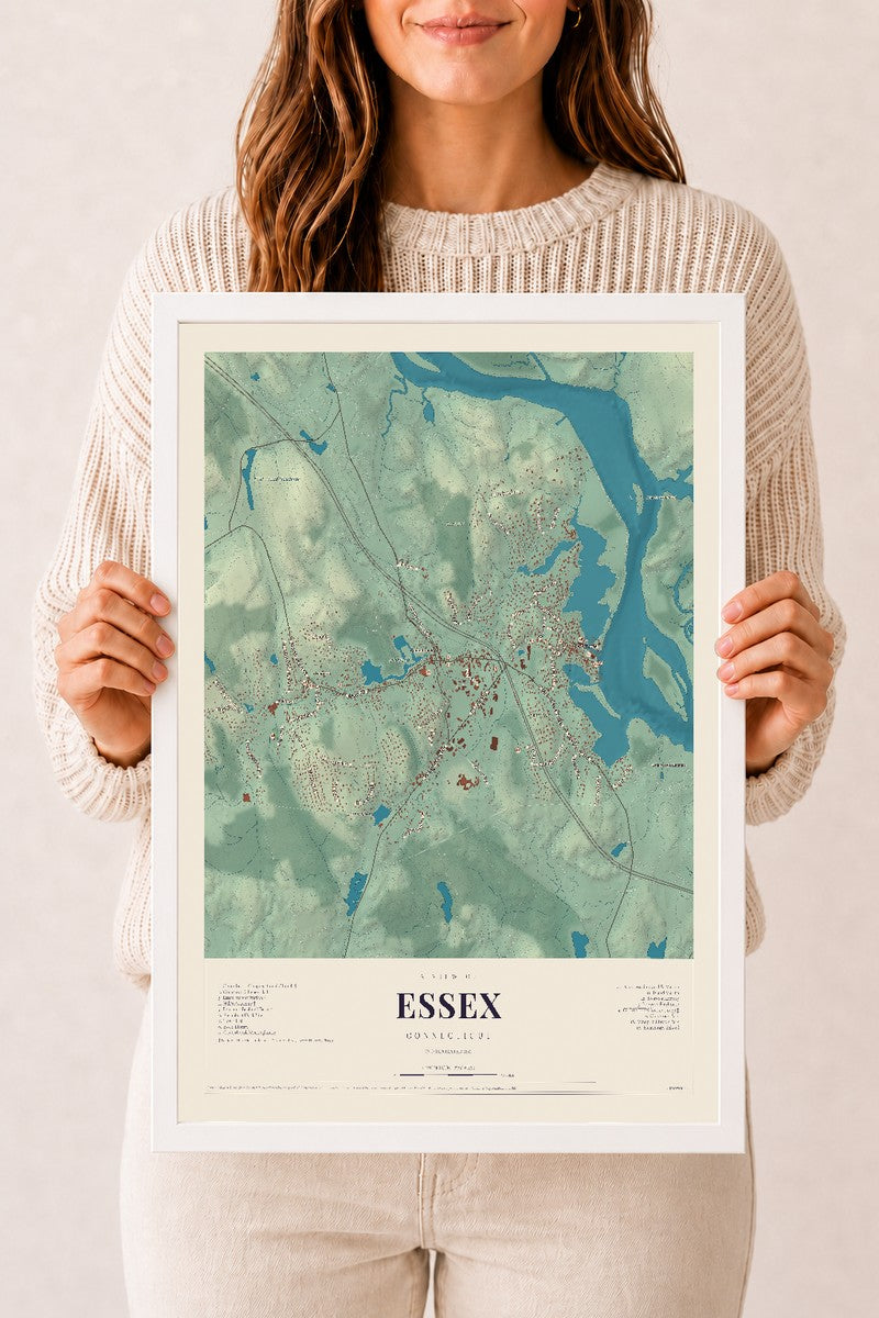 Essex, Connecticut map print, 12" x 18", W/ White Ayous Wood Frame
