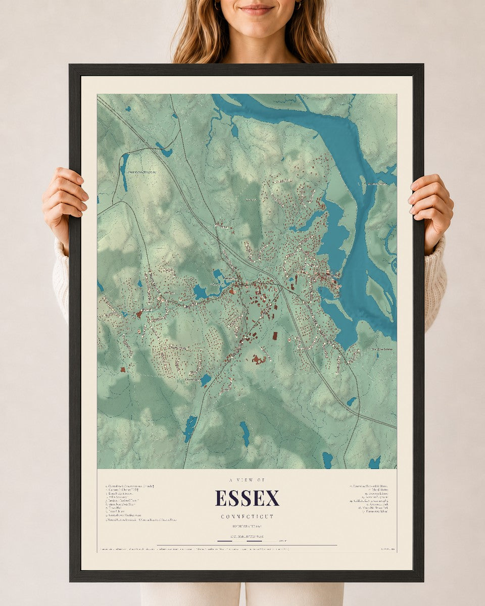 Essex, Connecticut map print, 24" x 36", W/ Black Ayous Wood Frame