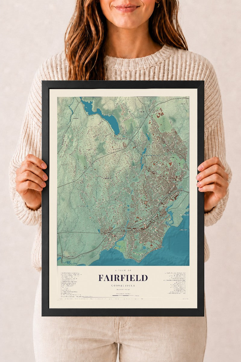 Fairfield, Connecticut map print, 12" x 18", W/ Black Ayous Wood Frame
