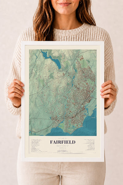 Fairfield, Connecticut map print, 12" x 18", W/ White Ayous Wood Frame