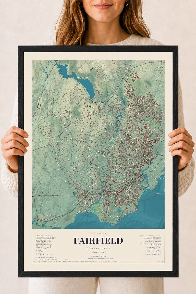 Fairfield, Connecticut map print, 18" x 24", W/ Black Ayous Wood Frame