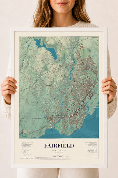 Fairfield, Connecticut map print, 18" x 24", W/ White Ayous Wood Frame