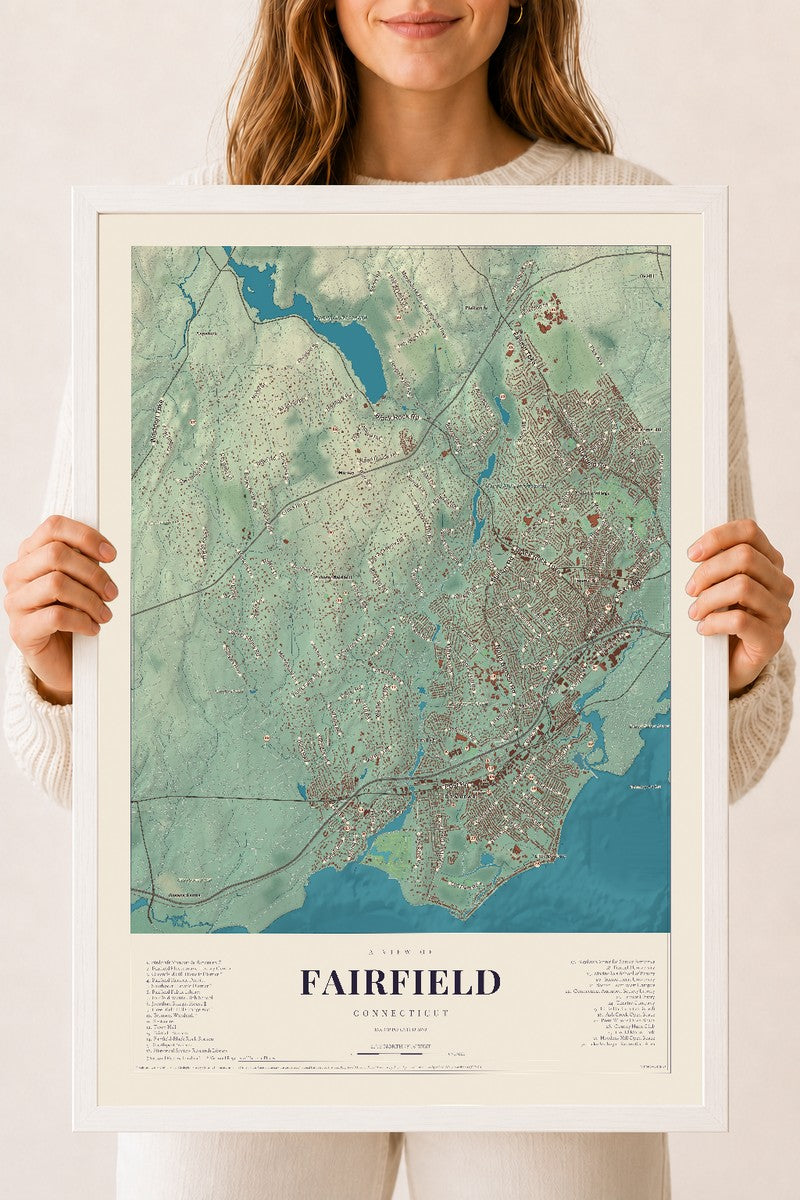 Fairfield, Connecticut map print, 18" x 24", W/ White Ayous Wood Frame