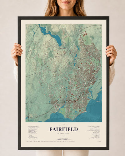 Fairfield, Connecticut map print, 24" x 36", W/ Black Ayous Wood Frame
