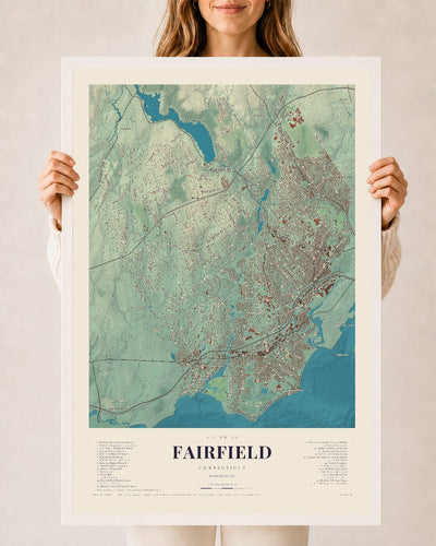 Fairfield, Connecticut map print, 24" x 36", W/ White Ayous Wood Frame