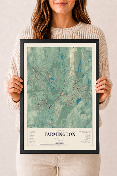 Farmington, Connecticut map print, 12" x 18", W/ Black Ayous Wood Frame