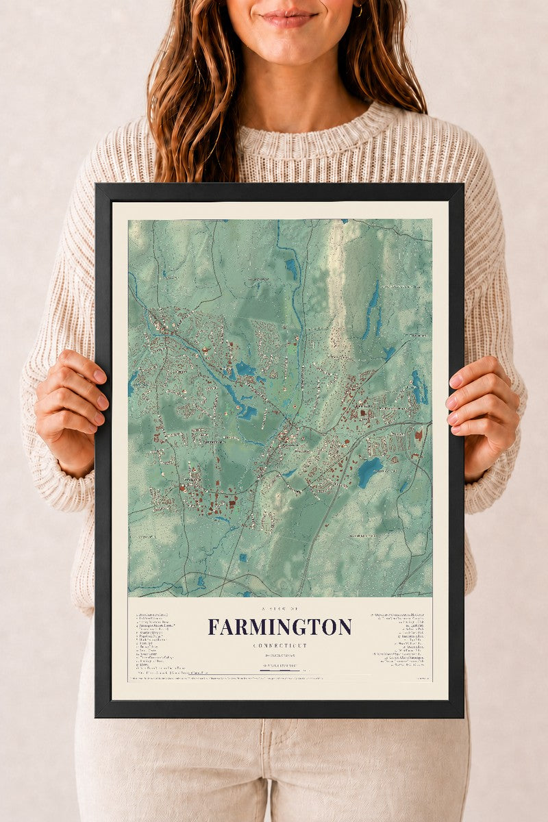 Farmington, Connecticut map print, 12" x 18", W/ Black Ayous Wood Frame