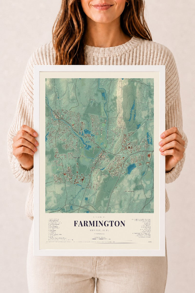 Farmington, Connecticut map print, 12" x 18", W/ White Ayous Wood Frame