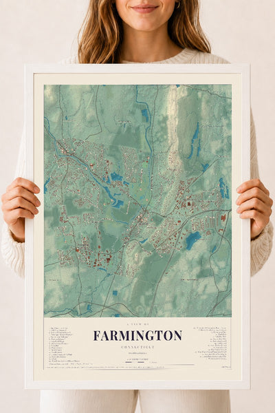 Farmington, Connecticut map print, 18" x 24", W/ White Ayous Wood Frame