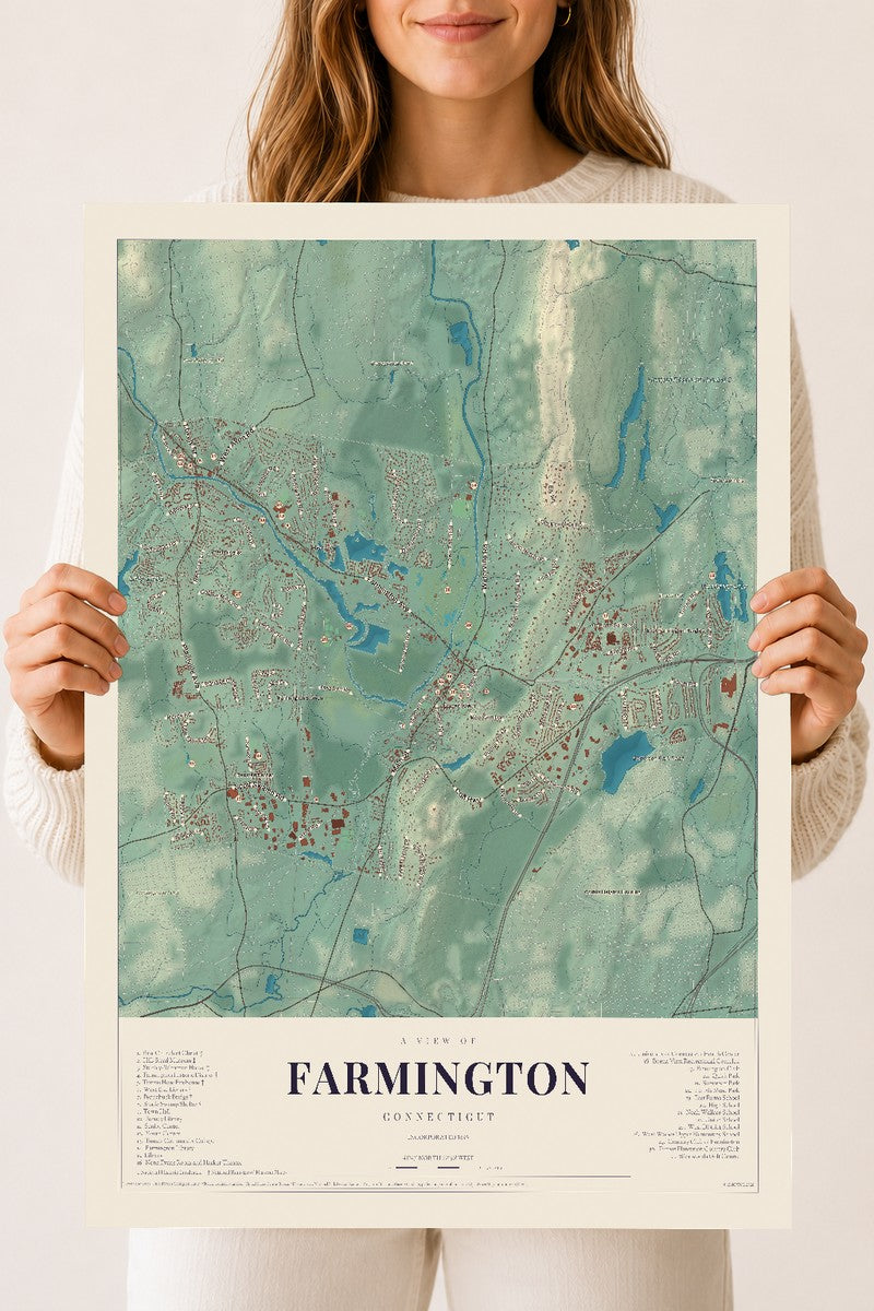 Farmington, Connecticut map print, 18" x 24", Archival Matte Print