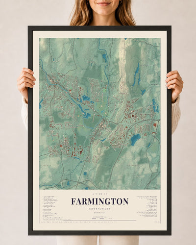 Farmington, Connecticut map print, 24" x 36", W/ Black Ayous Wood Frame