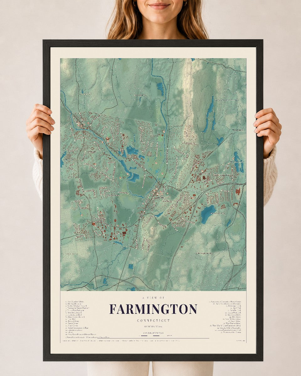 Farmington, Connecticut map print, 24" x 36", W/ Black Ayous Wood Frame