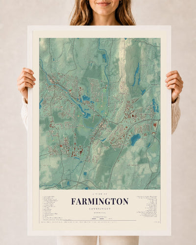 Farmington, Connecticut map print, 24" x 36", W/ White Ayous Wood Frame