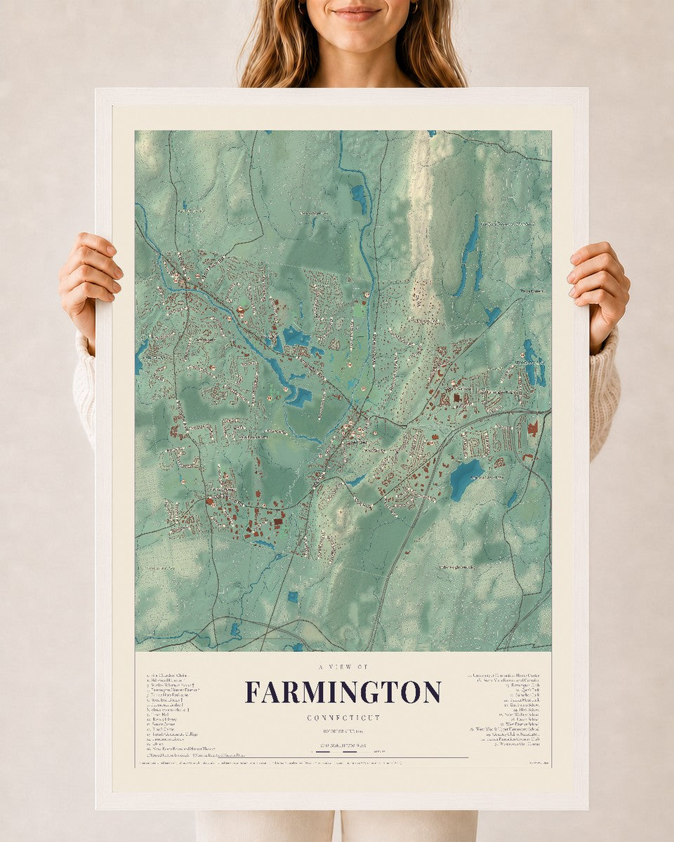 Farmington, Connecticut map print, 24" x 36", W/ White Ayous Wood Frame