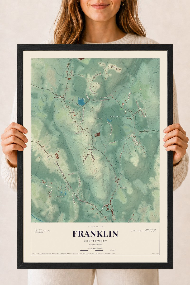Franklin, Connecticut map print, 18" x 24", W/ Black Ayous Wood Frame