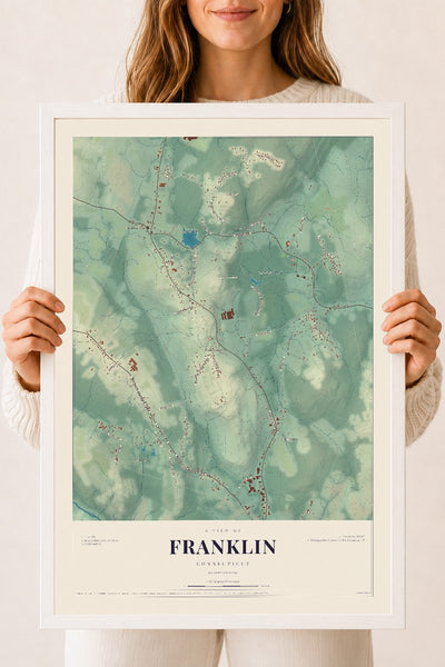 Franklin, Connecticut map print, 18" x 24", W/ White Ayous Wood Frame