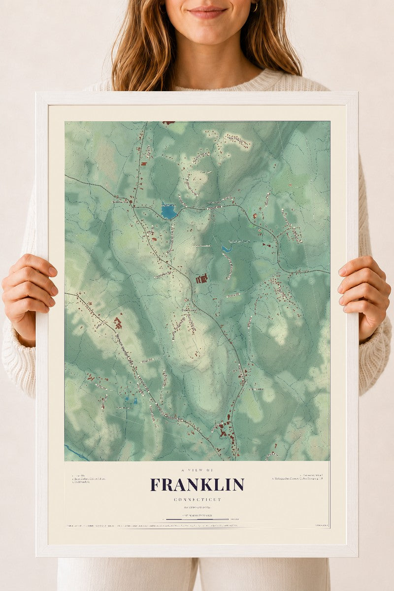 Franklin, Connecticut map print, 18" x 24", W/ White Ayous Wood Frame