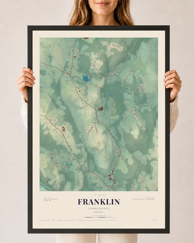 Franklin, Connecticut map print, 24" x 36", W/ Black Ayous Wood Frame