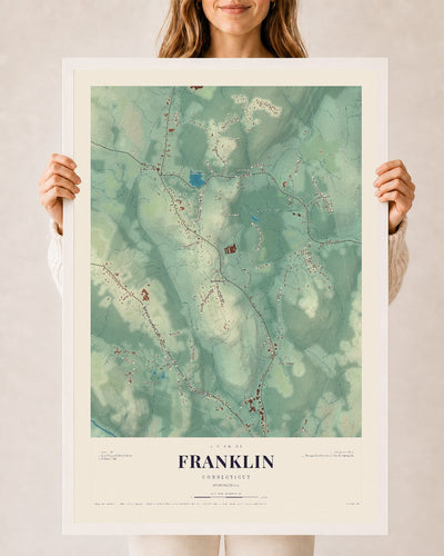 Franklin, Connecticut map print, 24" x 36", W/ White Ayous Wood Frame