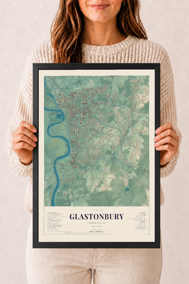 Glastonbury, Connecticut map print, 12" x 18", W/ Black Ayous Wood Frame