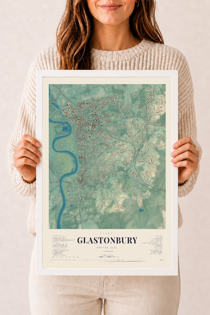 Glastonbury, Connecticut map print, 12" x 18", W/ White Ayous Wood Frame