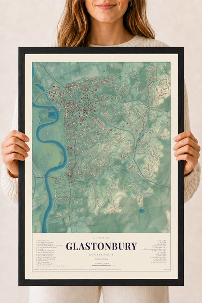 Glastonbury, Connecticut map print, 18" x 24", W/ Black Ayous Wood Frame