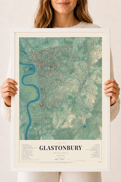 Glastonbury, Connecticut map print, 18" x 24", W/ White Ayous Wood Frame