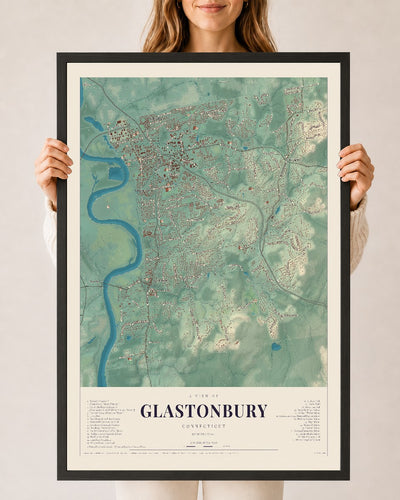Glastonbury, Connecticut map print, 24" x 36", W/ Black Ayous Wood Frame