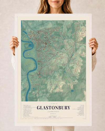 Glastonbury, Connecticut map print, 24" x 36", W/ White Ayous Wood Frame