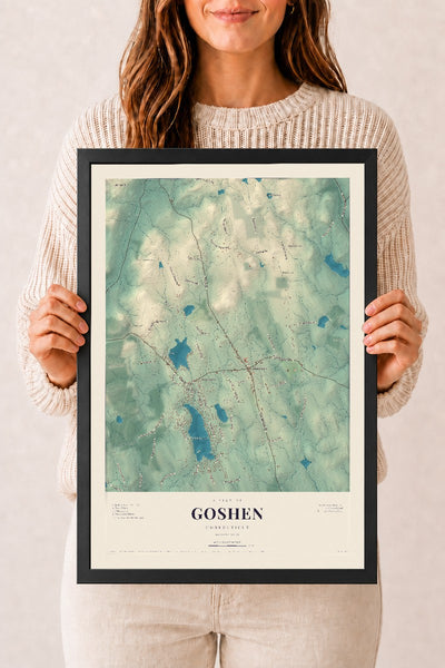 Goshen, Connecticut map print, 12" x 18", W/ Black Ayous Wood Frame
