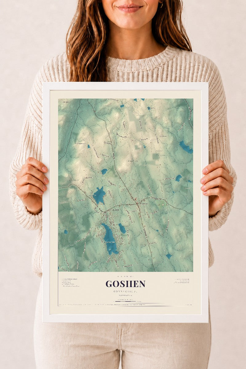 Goshen, Connecticut map print, 12" x 18", W/ White Ayous Wood Frame