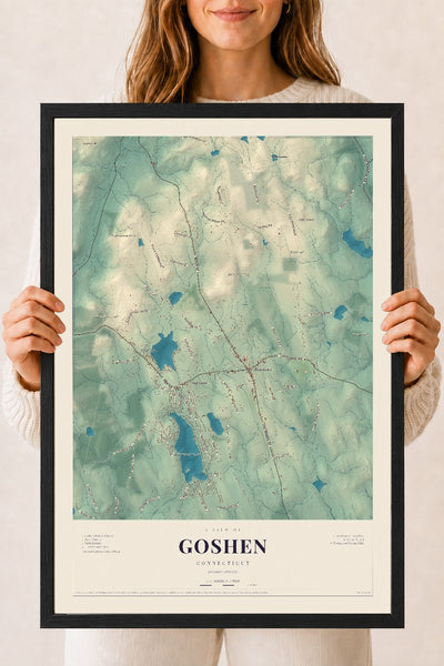 Goshen, Connecticut map print, 18" x 24", W/ Black Ayous Wood Frame