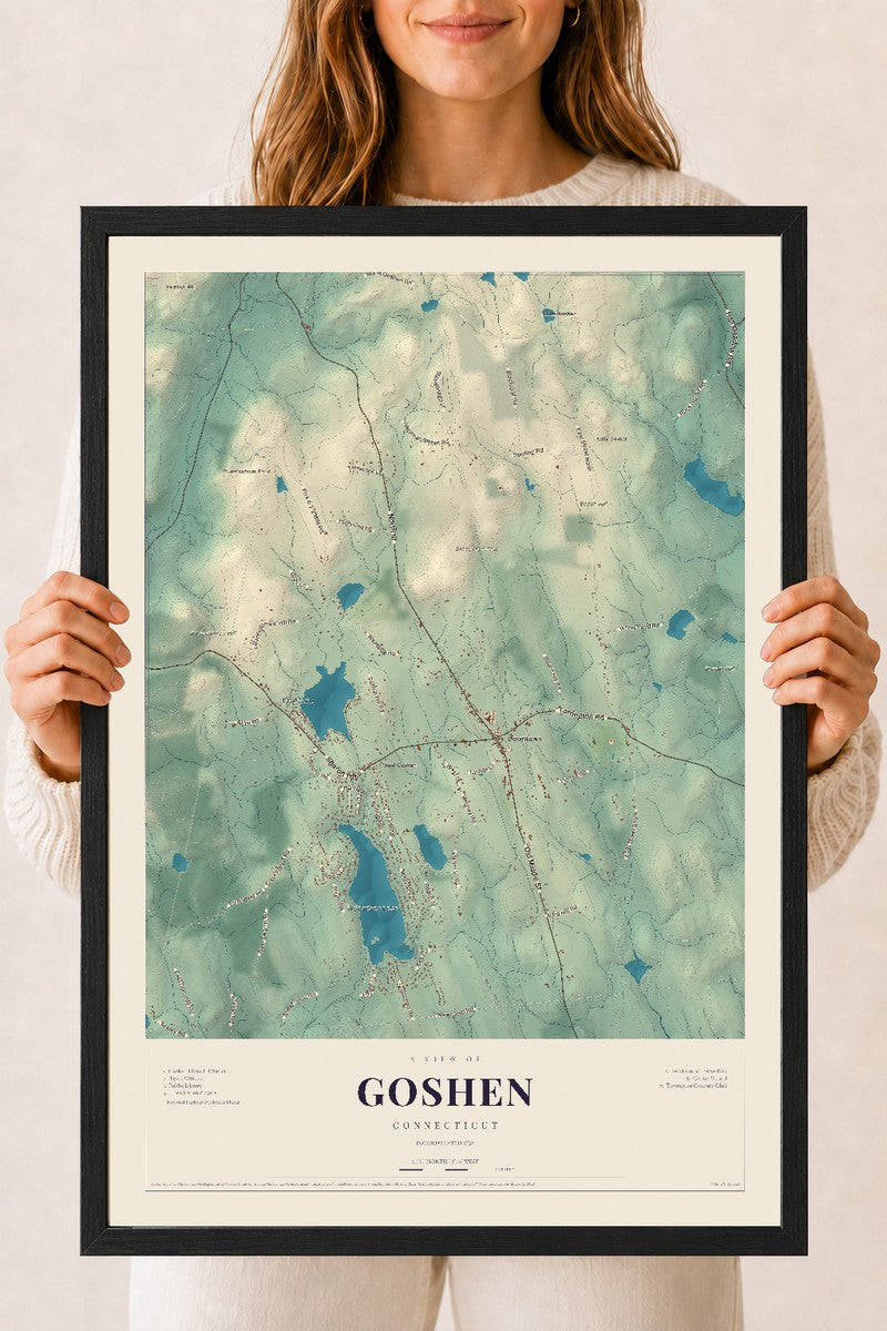 Goshen, Connecticut map print, 18" x 24", W/ Black Ayous Wood Frame