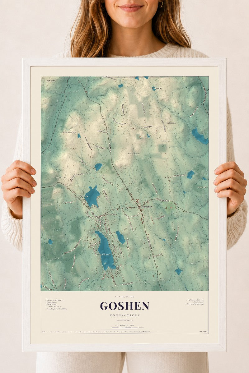 Goshen, Connecticut map print, 18" x 24", W/ White Ayous Wood Frame