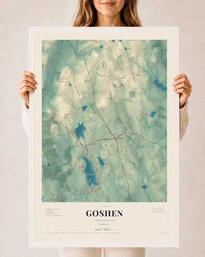 Goshen, Connecticut map print, 24" x 36", W/ White Ayous Wood Frame