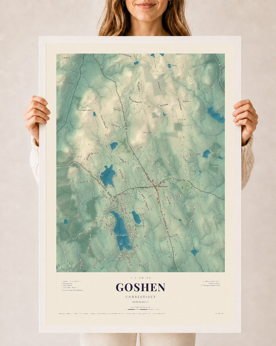 Goshen, Connecticut map print, 24" x 36", W/ White Ayous Wood Frame