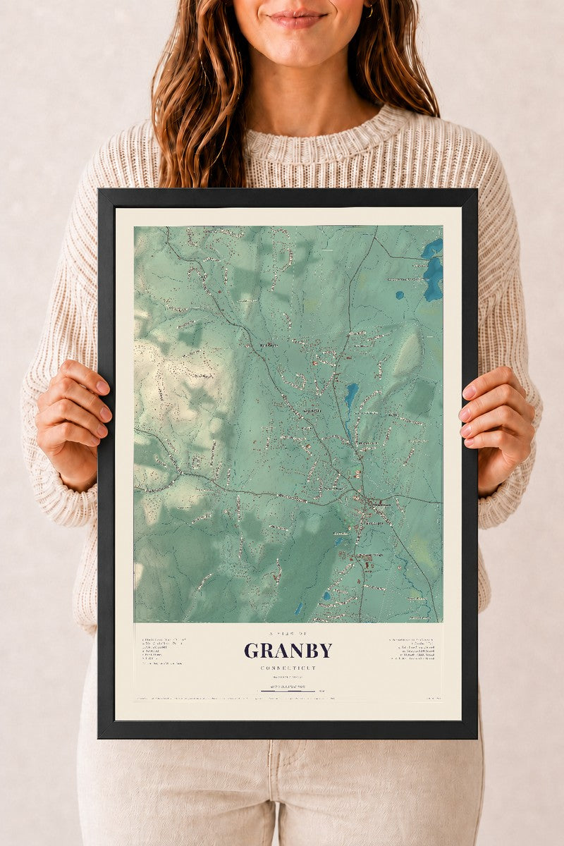 Granby, Connecticut map print, 12" x 18", W/ Black Ayous Wood Frame