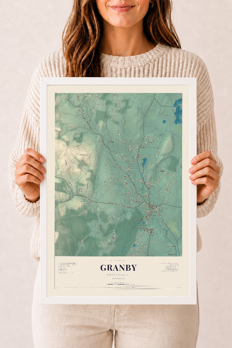 Granby, Connecticut map print, 12" x 18", W/ White Ayous Wood Frame