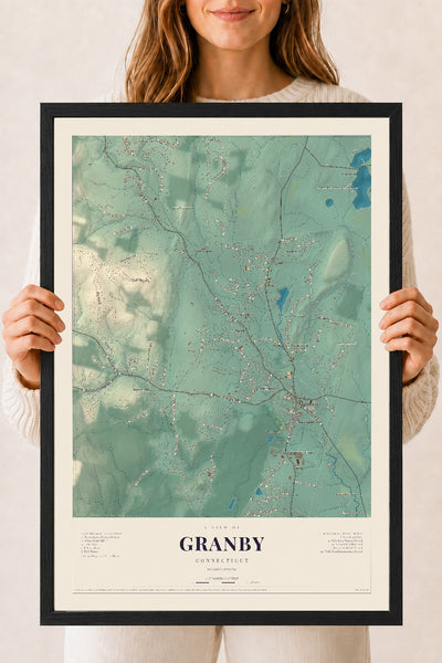 Granby, Connecticut map print, 18" x 24", W/ Black Ayous Wood Frame